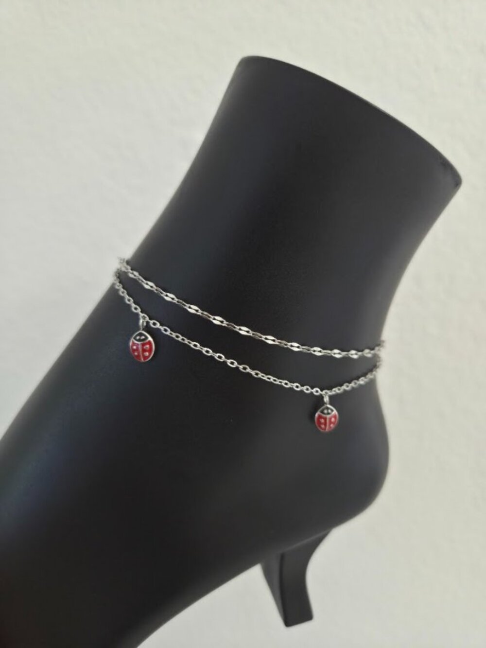Dainty Ladybug Double Chain Anklet Silver Tone Minimalist Summer Jewelry - Picture 3 of 15